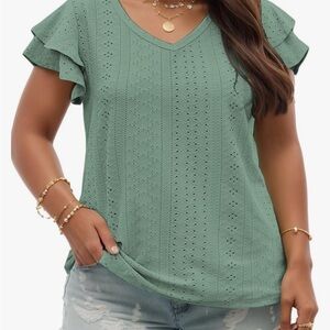 Green Ruffled Flutter Sleeve Blouse